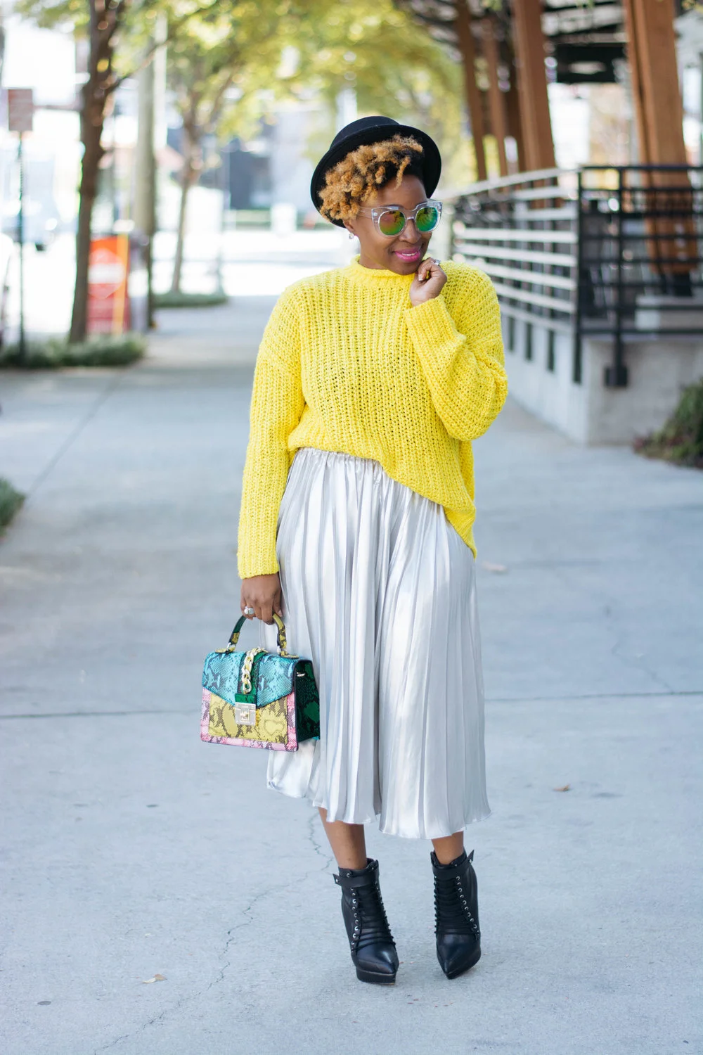 Bright Yellow Sweater + Silver Pleated Skirt Holiday Look